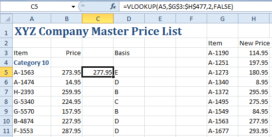 The new price appears in C5 The new price appears in C5